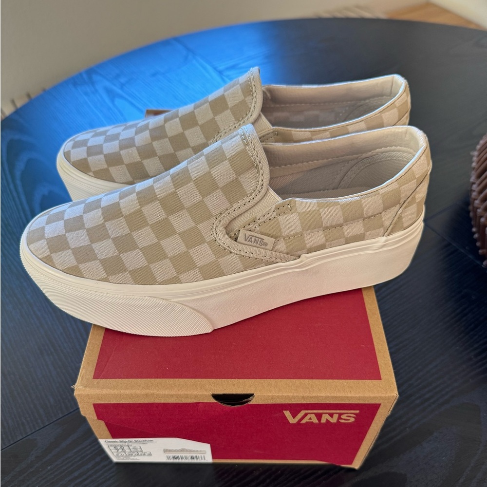 Vans Women's Beige Checkered Classic Slip-On Platform Shoes